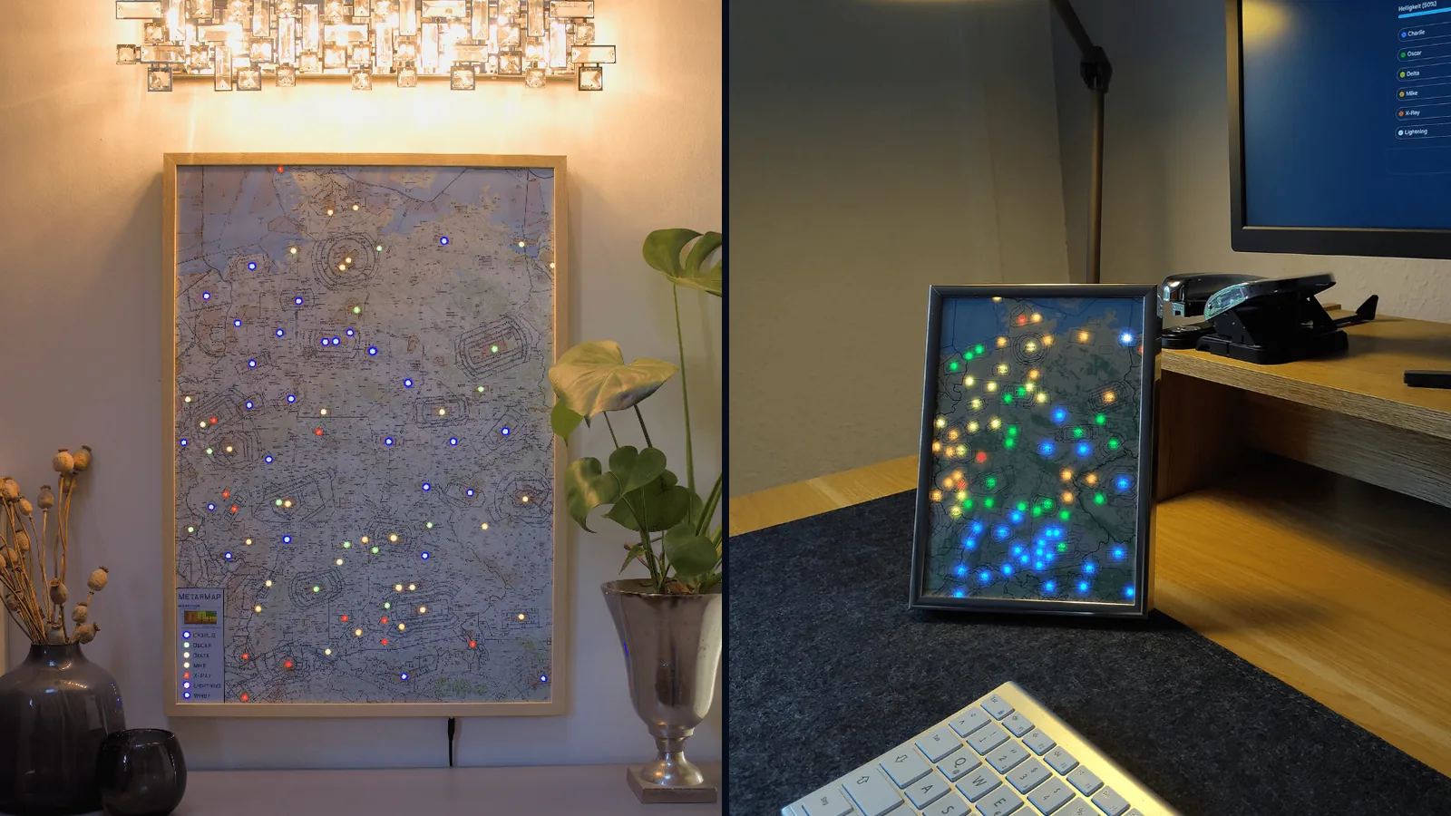 Links die große METARMAP gerahmt an der Wand, rechts die METARMAP Mini auf dem Schreibtisch, beide mit leuchtenden Flugplätzen